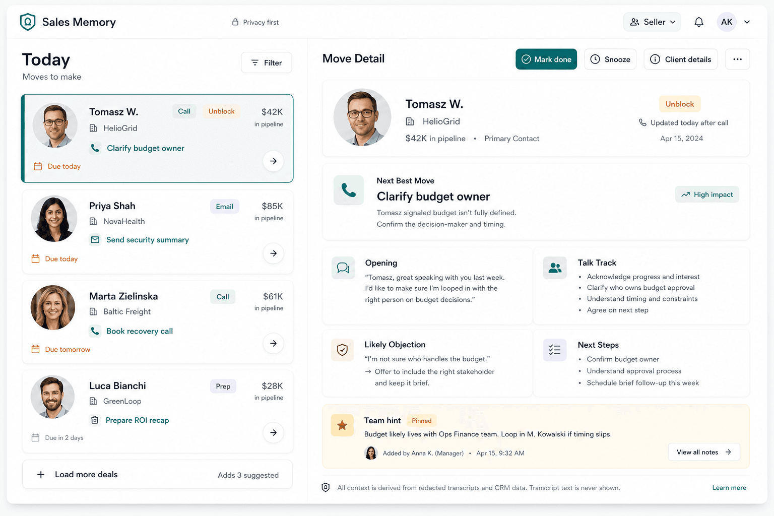 Panel ai sales coach z listą zadań po rozmowach i szczegółami klienta